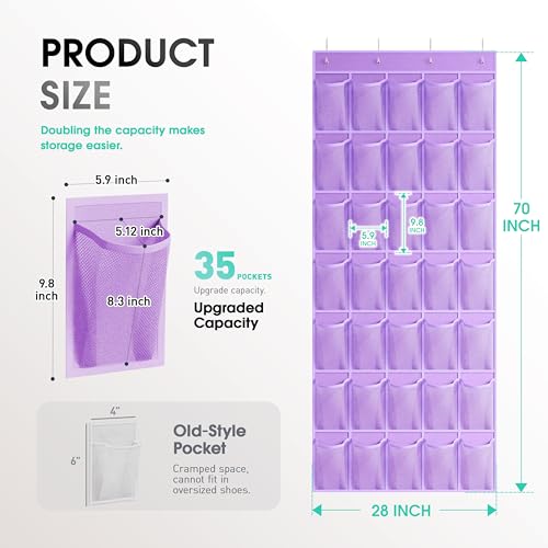 WVM Over the Door Shoe Organizer with 35 Breathable Mesh Pockets, Hanging Shoe Organizer for Door with 4 Metal Hooks, Large Capacity Closet Storage for Shoes, Accessories - style: Purple