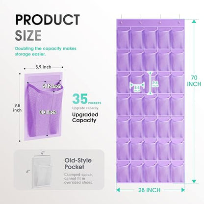 WVM Over the Door Shoe Organizer with 35 Breathable Mesh Pockets, Hanging Shoe Organizer for Door with 4 Metal Hooks, Large Capacity Closet Storage for Shoes, Accessories - style: Purple