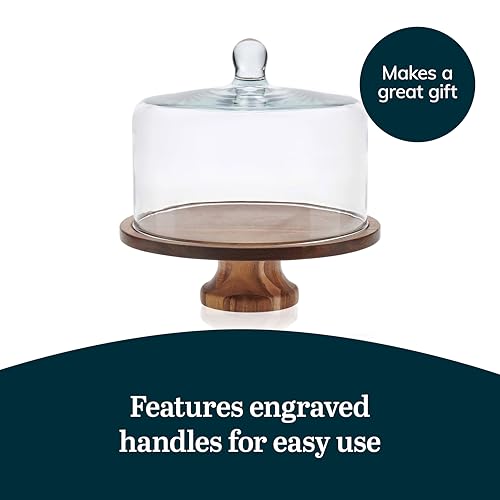 Libbey Acacia Wood Cake Stand with Lid, Footed Cake Stand With Cover, Durable Ball Top Handle Glass Dessert Dome - color: Footed Round