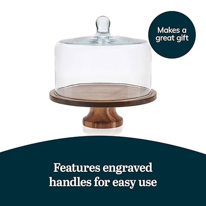 Libbey Acacia Wood Cake Stand with Lid, Footed Cake Stand With Cover, Durable Ball Top Handle Glass Dessert Dome - color: Footed Round