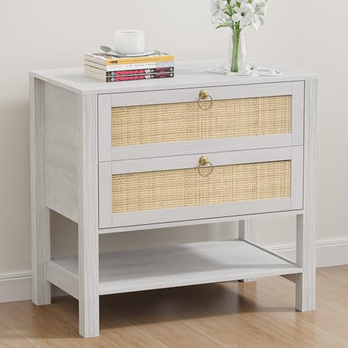 Rattan Nightstand with 2 Drawers and Storage Shelf, 26” Tall Boho Night Stand, Wood Large Bedside Table with Golden Handle for Bedroom, Side Table, White and Oak with Grey Wood Texture - color: Tb-white, size: 1 PCS