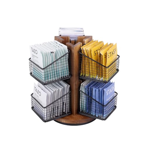 HTB Carousel Tea Bag Organizer for Counter with 6 Removable Tea Baskets | 2 Tier 360° Rotating Tea Bag Holder with Acacia Wood Station,Tea Sugar Packet Organizers Storage for Cabinet, Countertop - color: OGB-140