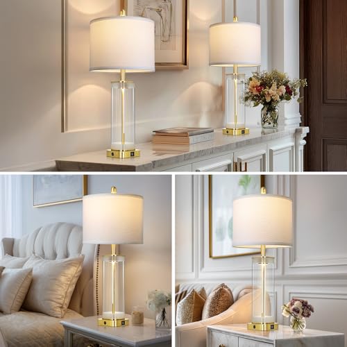 28" Gold Glass Table Lamps Set of 2 with Night Light, Modern Bedside Lamps with USB C+A Charging Ports, Nightstand Lamps for Living Room, Glass Lamps for Bedroom End Table Office, 2 Bulbs Included - color: Gold