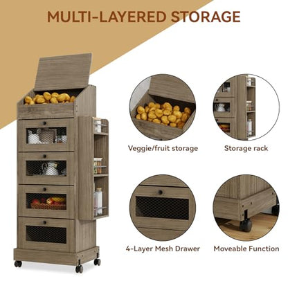 ARTETHYS Potato Storage Bin 5-Tier Rolling White Bread Box with Side Rack | Onion Keeper with Spice Rack on Wheels, Movable Fruit & Vegetable Container with 4 Ventilated Drawers for Kitchen - color: Gray