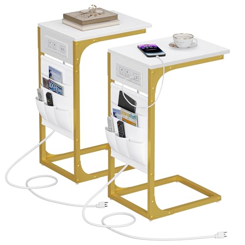 TUTOTAK C Shaped End Table with Charging Station, Side Table for Sofa, Couch Table with Storage Bag, Set of 2, TV Tray Table with 2 USB Ports and Outlets for Living Room, Bedroom, TB01BWG0242 - color: White and Gold, size: 2 Pack (11.8"W), style: With Plu