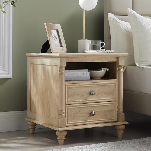 T4TREAM 24" Farmhouse Nightstands with 2 Drawers, Natural Oak | 4 Solid Wood Feet, Charging Station, Tall Rustic Wood Square, Sofa Side Table, Living Room, Bedroom - color: Natural Oak