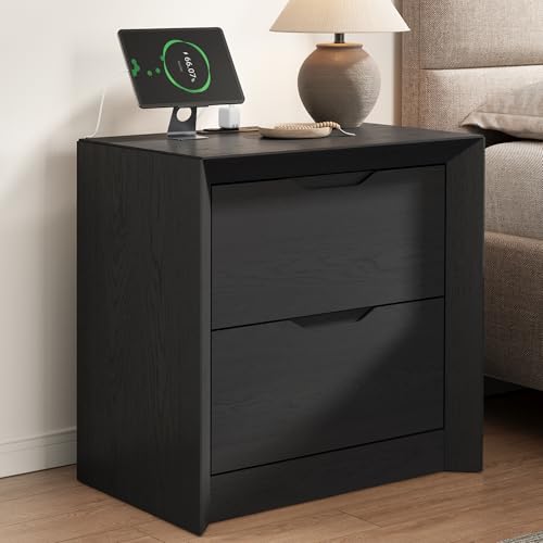 YANSNWO Black Nightstand with Charging Station, 23.6" Modern Bedside Table with Thickened Frame & Unique Panel, Mid Century Wood End Table for Bedroom, Living Room - color: Black, size: 15.6"D x 23.6"W x 23.6"H (2 Drawers)