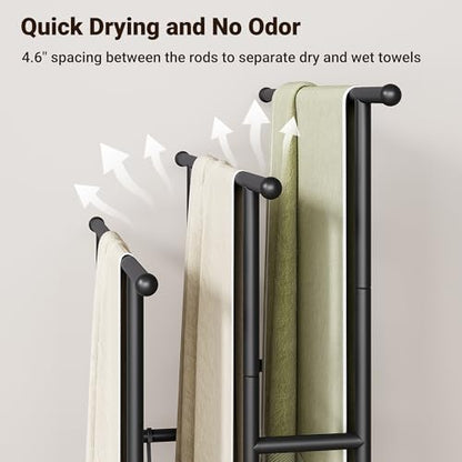 ELYKEN 3 Tier Standing Towel Rack, 40'' Tall Towel Drying Rack Outdoor, Freestanding Floor Towel Rack with Shelf, Pool Towel Blanket Stand, Metal Towel Racks for Bathroom freestanding, Matte Black - color: Black