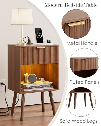 Walnut Fluted Nightstand, Modern Bedside Table with Storage Drawer, Wood Night Stand Side End Table for Bedroom, Living Room, Office