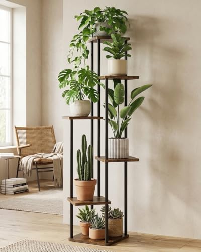 GENTINGBRO Corner Plant Stand Indoor 6 Tiered Tall Plant Stand Plant Shelf for Multiple Plants Coner Shelf Wood Plant Stands Metal Shelving for Living Room Bedroom Balcony Patio Brown Oak - color: Brown Oak, size: 6 Tier without Light