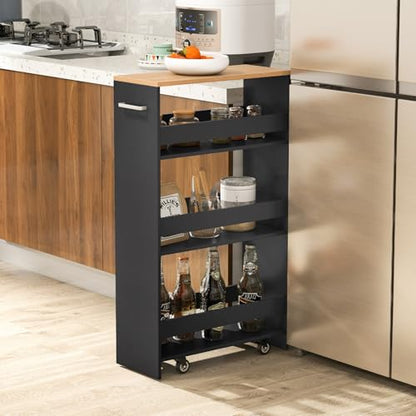 LOKO 4-Tier Rolling Storage Cart, 8 Inches Slim Kitchen Cart on Wheels with Open Shelves & Handle, Laundry Room Cart Between Washer and Dryer, for Bathroom Next to Fridge (Black & Natural) - color: Black & Natural