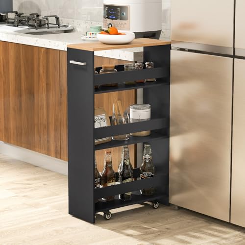 LOKO 4-Tier Rolling Storage Cart, 8 Inches Slim Kitchen Cart on Wheels with Open Shelves & Handle, Laundry Room Cart Between Washer and Dryer, for Bathroom Next to Fridge (Black & Natural) - color: Black & Natural