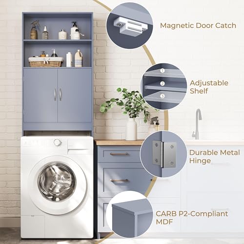 Yaheetech 77'' H Over the Toilet Storage Cabinet, Bathroom Organizer, Gray | Freestanding Cabinet with Adjustable Shelf for Small Space, Slim 8'' Depth, 2 Doors Hide Clutter, Anti-Tip Kit Included