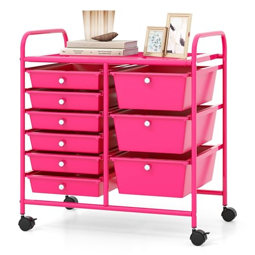 Moccha 9-Drawer Rolling Storage Cart - Under Desk Storage Drawers with wheels for Craft Art Supply Paper Salon, Scrapbook Paper Tools, Mobile Utility Cart for Classroom, Hot Pink - color: Hot Pink, style: 9 Drawers