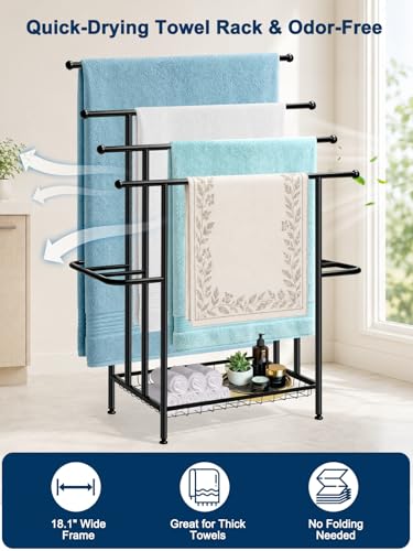 Haturi 4-Tier Free Standing Towel Rack for Bathroom, 45.3" H Black Metal Towel Drying Rack, 18.1" W with Storage Basket, Outdoor Pool Towel Holder for Oversized Towels & Blankets - size: 4 Tier
