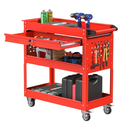 3 Tier Rolling Tool Cart, Heavy Duty Service Cart on Wheels for Mechanics,400 LBS Utility Cart with Drawers for Garage, Warehouse & Repair Shop (Red, Tool carts) - color: Red
