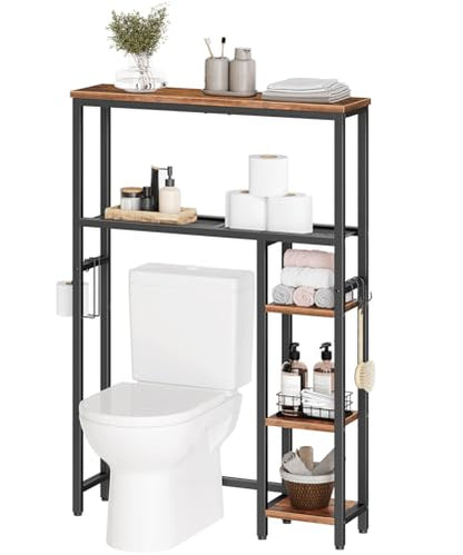 HOOBRO Over The Toilet Storage Cabinet, Freestanding Bathroom Organizer with Toilet Paper Holder, Hooks, 5-Tier Bathroom Storage Shelves for Laundry Room, Space Saver, Rustic Brown and Black BF84TS01