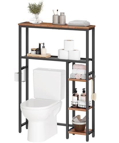 HOOBRO Over The Toilet Storage Cabinet, Freestanding Bathroom Organizer with Toilet Paper Holder, Hooks, 5-Tier Bathroom Storage Shelves for Laundry Room, Space Saver, Rustic Brown and Black BF84TS01