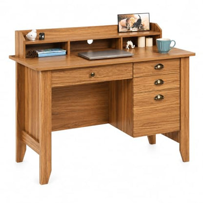 Catrimown Computer Desk with Drawers and Hutch, Farmhouse Home Office Desk with File Drawer,Student Girls Desks,Teens Writing Table, Small Computer Desk for Bedroom, Rustic Oak - color: Rustic Oak