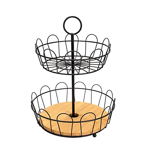 HANZE 2-Tier Farmhouse Fruit Basket Stand, Wire Fruit Vegetables Countertop Storage Rack, Multifunctional Detachable Bread Snack Holder Bowl for Kitchen and Bathroom Organization - Black - color: 2-Tier(Black)