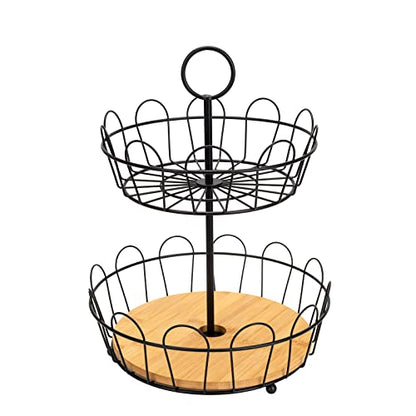 HANZE 2-Tier Farmhouse Fruit Basket Stand, Wire Fruit Vegetables Countertop Storage Rack, Multifunctional Detachable Bread Snack Holder Bowl for Kitchen and Bathroom Organization - Black - color: 2-Tier(Black)