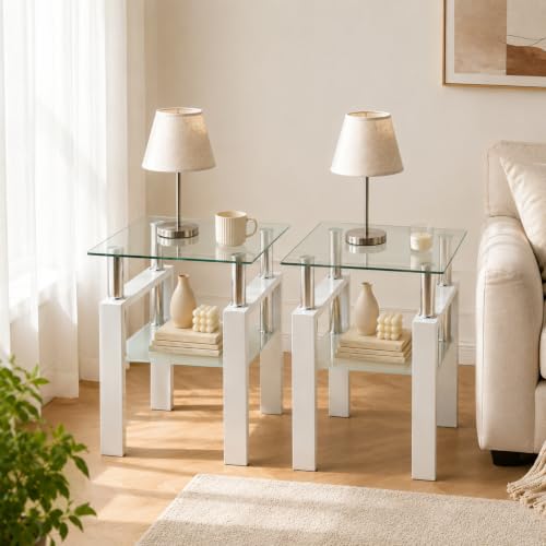 Meihua Glass End Table, Square Glass Side Table, 2-Tier Modern Nightstand with Metal Legs for Living Room&Bedroom (White, 2pcs) - color: White, size: 2pcs