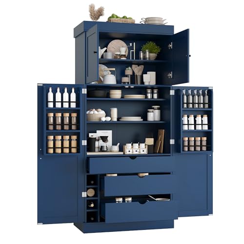 Merax 77'' Tall Freestanding Kitchen Pantry, 35''Lx17.7''W Modern Shaker Style Cupboard Storage Cabinet with Adjustable Shelves,Door Shelves, Drawers and Wine Racks, Blue - color: Blue