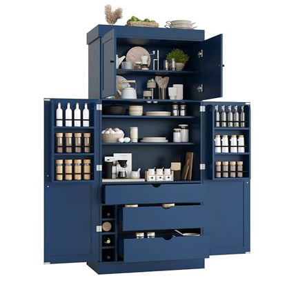 Merax 77'' Tall Freestanding Kitchen Pantry, 35''Lx17.7''W Modern Shaker Style Cupboard Storage Cabinet with Adjustable Shelves,Door Shelves, Drawers and Wine Racks, Blue - color: Blue