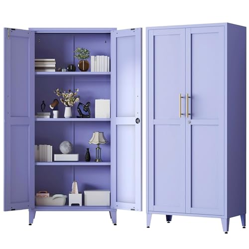 61" Tall Farmhouse Metal Storage Cabinet, Kitchen Pantry Storage Cabinets with 2 Barn Door and 3 Adjustable Shelves, for Home, Office, Kitchen, Laundry Room, Kids Room, Entryway, Purple - color: Lilac, style: Cabinet-61"H-DL