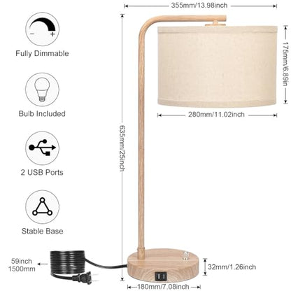 Farmhouse Table Lamp, Fully Dimmable Bedisde Nightstand Lamp with USB C+A Charging Ports, Modern Tall Table Lamp Desk Reading Lamp for Living Room, Bedroom, Office, 9W LED Bulb Included - color: Wood Grain
