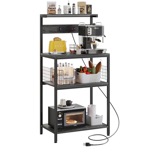 Sweetcrispy Kitchen Bakers Rack with Power Outlet, 23.6" Microwave Oven Stand with Adjustable Storage Shelf for Kitchen Organization, Coffee Bar Station, Small Apartment, Counter Space Saving, Grey - color: Grey, size: 23.6 inch