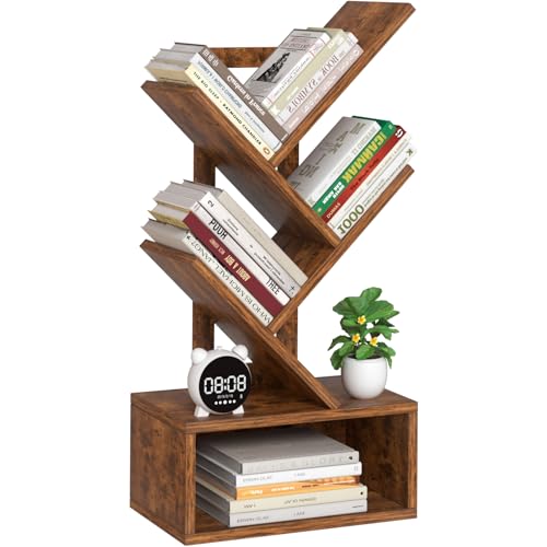 SHEEPAM Small Tree Book Shelf,5 Tier Black Tree Bookshelf,Brown Desktop Bookcase,Modern Desk Display Storage Bookshelves,Floor Standing Organizer Bookcases for Living Room,Bedroom,Office-White-Brown - color: Retro Brown, size: 5 Tier