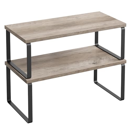 SONGMICS Cabinet Organizer Shelf, Set of 2 Kitchen Counter Shelves, Kitchen Storage, Spice Rack, Stackable, Expandable, Metal and Engineered Wood, Ink Black and Heather Greige UKCS200X02 - color: Ink Black + Heather Greige, size: 15.6"w