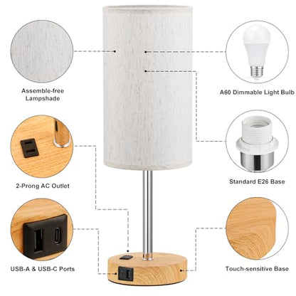 Touch Table Lamp - Cream, 3-Way Dimmable, USB A + C Charging, AC Outlet, 17.4inch Medium, Wood Grain Base - color: Cream Shade-Wood Base, size: 17.4" Touch Control