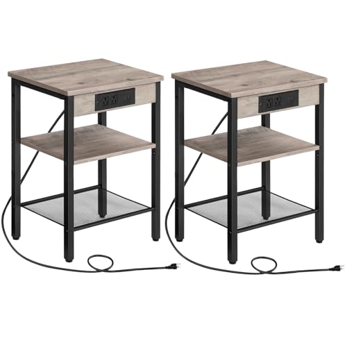 HOOBRO Side Tables Set of 2 with Charging Station and USB Port, Small End Tables for Small Space, 3-Tier Nightstands with Adjustable Shelf, for Living Room, Bedroom, Greige and Black BG112BZP201 - color: Greige + Black