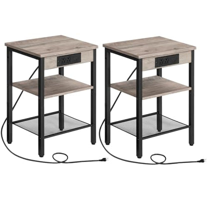 HOOBRO Side Tables Set of 2 with Charging Station and USB Port, Small End Tables for Small Space, 3-Tier Nightstands with Adjustable Shelf, for Living Room, Bedroom, Greige and Black BG112BZP201 - color: Greige + Black