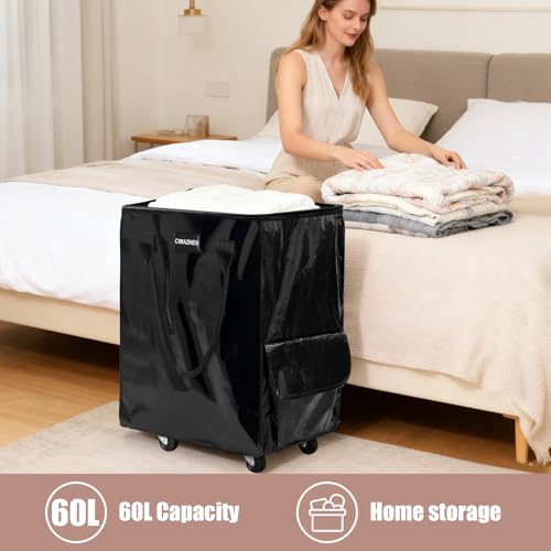 Reusable Grocery Bag Tote Bag with Wheels, Foldable Rolling Tote Bag with 3 Handles and Zipper - color: Black, size: Medium