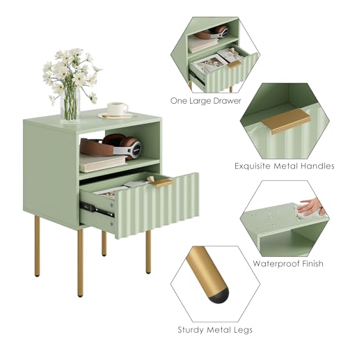 Night Stand,Modern Bedside Table with Drawer and Shelf,Green Night Stand with Gold Frame,Small Side Table for Bedroom,Living Room - color: Green