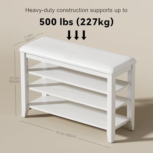 Shoe Bench with 3 Tier Adjustable Shelves Rubberwood Entryway 31.5'' - color: White, size: 31.5''