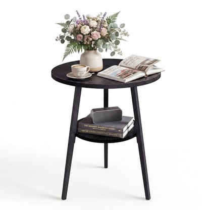 Small Round Side Table, End Tables Living Room, Black | 2-Tier Side Table with Storage Shelf for Small Spaces, Bedside Accent Table for Living Room, Bedroom, Metal Frame & Wood Top - color: Black Ash