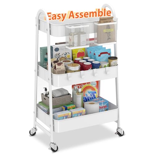 Sekey 3 Tier Rolling Cart, Hanging Cups, Hooks, Heavy Duty Mesh Rolling Storage Cart Organizer with 2 Lockable Wheels for Bathroom, Kitchen, Office, Craft, Makeup, Baby Essentials, White - color: White
