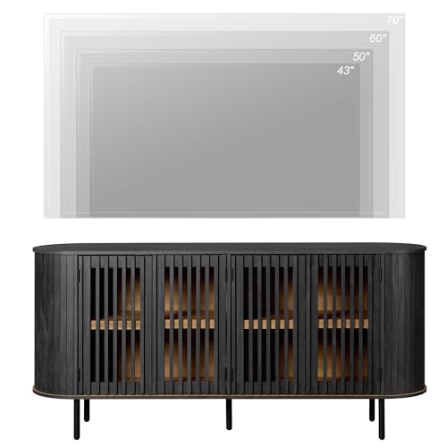 WAMPAT 64.4" Fluted TV Stand, Wood Entertainment Center for TVs Up to 70 inches, Curved Edge Media Console Table with Doors and Shelves for Living Room, Bedroom, Black - color: Black