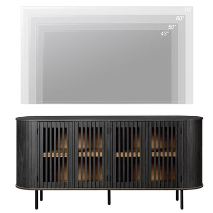 WAMPAT 64.4" Fluted TV Stand, Wood Entertainment Center for TVs Up to 70 inches, Curved Edge Media Console Table with Doors and Shelves for Living Room, Bedroom, Black - color: Black