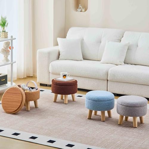 Wimarsbon Storage Ottoman, Modern Round Footrest with Soft Padded Seat, Teddy Velvet Footstool with Wood Legs, Accent Small Table or Plant Stand for Hallway, Living Room (Grey) - color: Grey