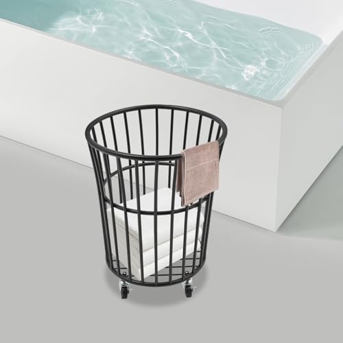 Wire Metal Rolling Laundry Basket On Wheel,Wire Laundry Basket Storage Cart | for Bathroom Bedroom Dirty Clothes Storage, 11.8in Base Diameter, 14.2(D)×15.7in(H) - size: D