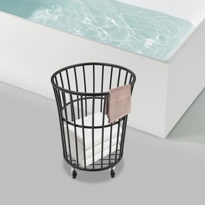Wire Metal Rolling Laundry Basket On Wheel,Wire Laundry Basket Storage Cart | for Bathroom Bedroom Dirty Clothes Storage, 11.8in Base Diameter, 14.2(D)×15.7in(H) - size: D