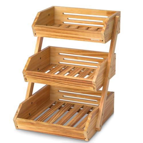 G.a HOMEFAVOR Wooden 3 Tier Fruit Basket, Brown, Pine Wood, Sturdy, Self-assembly - color: Pine Wood, size: 3-Tier