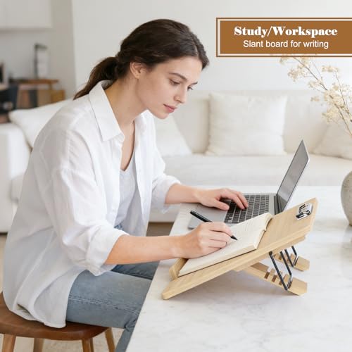 Slant Board for Writing Adjustable Slanted Writing Board Easel for Desk | Bamboo Writing Board Stand with Metal Clip, 4 Adjustable Angles, Foldable Slanted Clipboard for Handwriting, Reading, Drawing