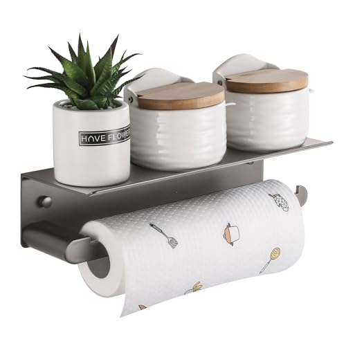 DUFU Paper Towel Holder with Shelf for Kitchen, Grey | Paper Towel Holder Wall Mount for Bathroom, Self-Adhesive Anti-Rust Aluminum, No Drill or Wall-Mounted with Screws - color: Gray