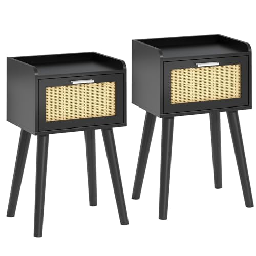 LAATOOREE Nightstand Set of 2, Small Black Bedside Table, End Table with Rattan Door, Boho Side Table with Solid Wood Legs for Bedroom Living Room Small Space - color: Black, style: Boho Style